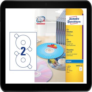 117.0 x 41,0 mm - 40 AVERY Zweckform CD-Etiketten C6074-20 weiß - für Kopierer, Inkjet, S/W Laser sowie Farblaserdrucker