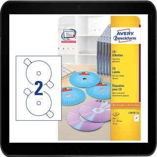 117.0 x 17,0 mm - 50 AVERY Zweckform CD-Etiketten L7676-25 weiß - für Kopierer, Inkjet, S/W Laser sowie Farblaserdrucker