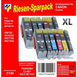 C130 - PGI550XL / CLI551XL - TiDis 12er Riesensparpack - Ersatzpatronen  je 2x die PGI550BKXL, CLI551BKXL, CLI551CXL, CLI551MXL, CLI551YXL, CLI551GY mit Chip und Füllstandsanzeige