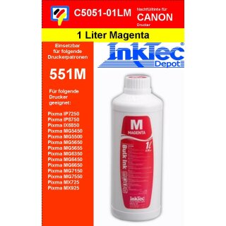 1000ml Magenta Inktec Nachfülltinte für den Einsatz in der CLI551 & CLI551XL Druckerpatronen