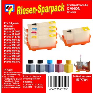 IRP701 - CISS / Easyrefillpatronen Starterset für PGI520 & CLI521er CMYK mit 250ml Dr.Inkjet Premium Nachfülltinte und Nachfüllwerkzeug - ALLES DRIN -