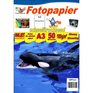 SPP163 - A3 Glossy Papier mit 180g/m2 - weiß und einsseitig Bedruckbar für Tintenstrahl + Laserdrucker - 50Blatt Packung