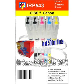 Ciss für Canon PGI5 + 4x CLI8 ( CMYK ) mit Autoresettchips plus 500ml Nachfülltinte (Uni550)