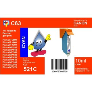 C63  TiDis Ersatzdruckerpatrone für - CLI521C - cyan - mit 10ml Inhalt