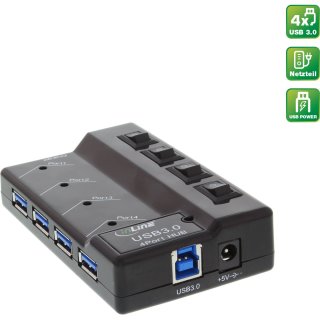 InLine® USB 3.0 Hub, 4 Port, schwarz, mit Schalter, mit 3,5A Netzteil