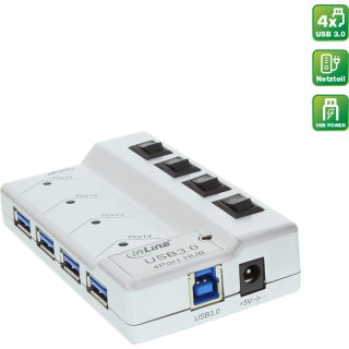InLine® USB 3.0 Hub, 4 Port, silber, mit Schalter, mit 3,5A Netzteil