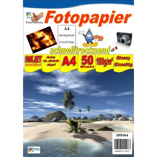 SPP404 - A4 180g Fotopapier Glossy - Einseitig - 50Blatt - >> "Für alle Tintenstrahldrucker geeignet" <<