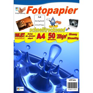 SPP406 - A4 200g Fotopapier Glossy - Einseitig - 50Blatt - >> "Für alle Tintenstrahldrucker geeignet" <<