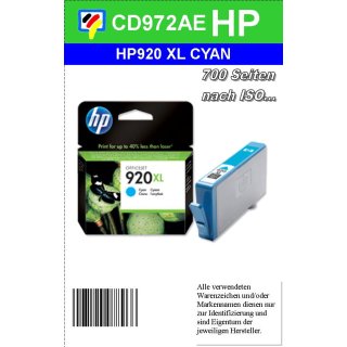 HP920CXL - Original CD972AE - cyan- Druckpatrone mit 6ml Inhalt und ca.700 Seiten Druckleistung nach Iso