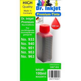 HR74M - magenta- Dr.Inkjet Premium Nachfülltinte in 100ml - 250ml - 500ml - 1000ml Abfüllungen für Ihren HP Drucker