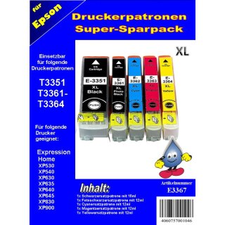 E3367 - Multipack mit 5 TiDis Druckerpatronen - ersetzt  je 1x T3351, T3361, T3362, T3363, T3364