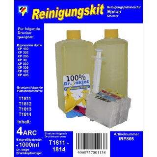 IRP865 -T18 - Dr.Inkjet Druckkopfreinigungspatronen Clean-Multipack mit 1000ml Dr. Inkjet Druckkopfreiniger - einsetzbar für T18 & T18XL (T1811, 1812, T1813, T1814)