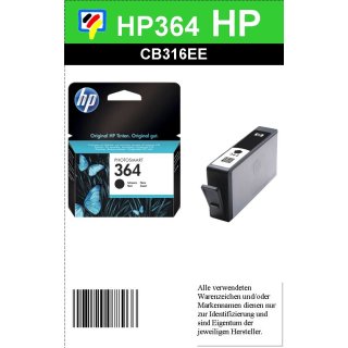HP364BK - Original CB316EE - schwarz- Druckpatrone mit 6ml Inhalt mit 250 Seiten Druckleistung nach Iso