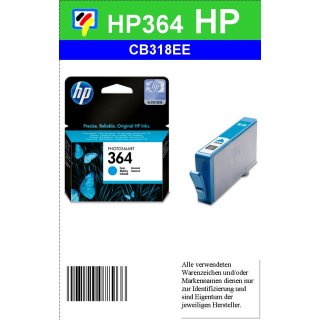 HP364C - Original CB318EE - cyan- Druckpatrone mit 3ml Inhalt und ca. 300 Seiten Druckleistung nach Iso