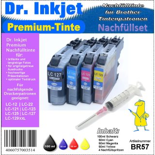 BR57 - Dr. Inkjet Komplettset 250ml Premium Nachf&uuml;lltinte - Alles drin Packung - LC-12 / LC-22e /LC-121 / LC-123, LC-125, LC-127, LC-129